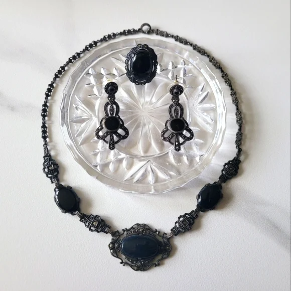 Edwardian Era Sterling Silver Jewelry Set with Necklace, Earrings, & Ring - Picture 1 of 5